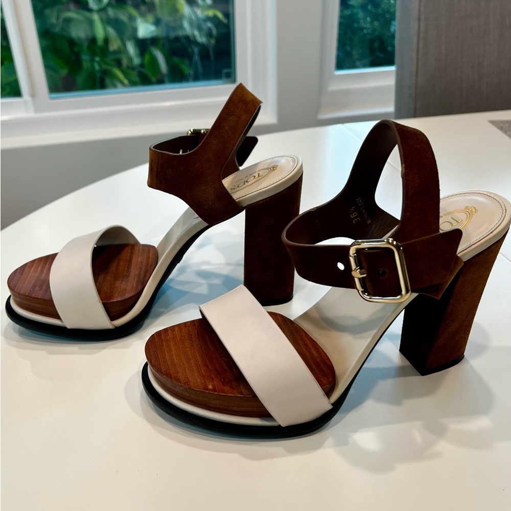 Tods Leather Platform Sandals Brown and White - Picture 4 of 12